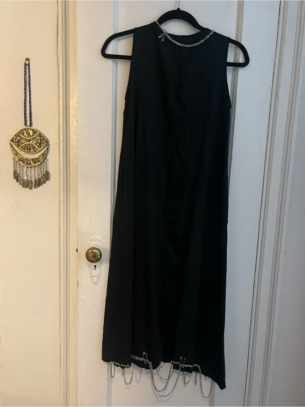 R13 Black Sleeveless Midi Dress with Chain at Neck & Hem